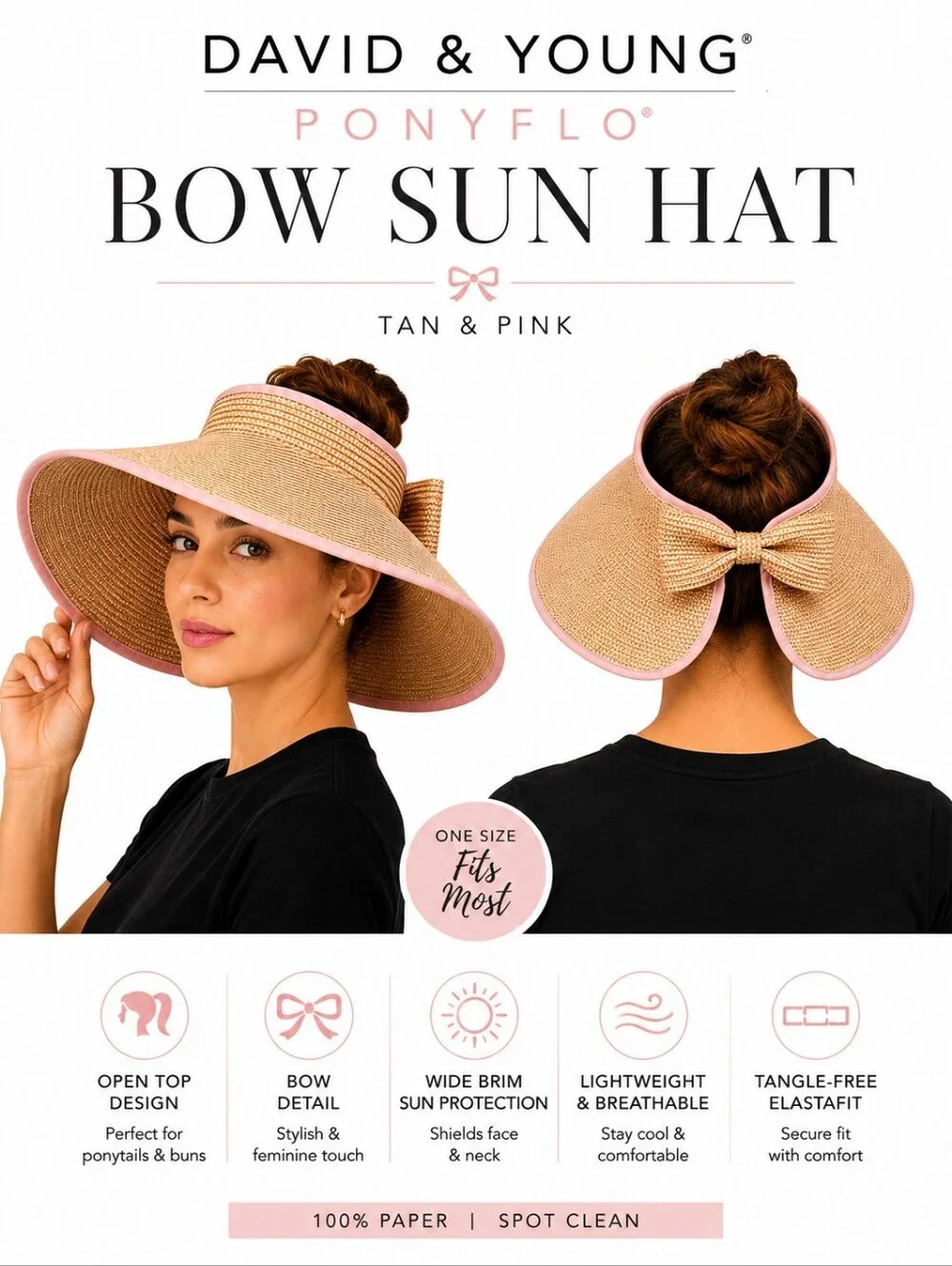 David & Young PONYFLO Bow Sun Hat – Tan & Pink | OSFM